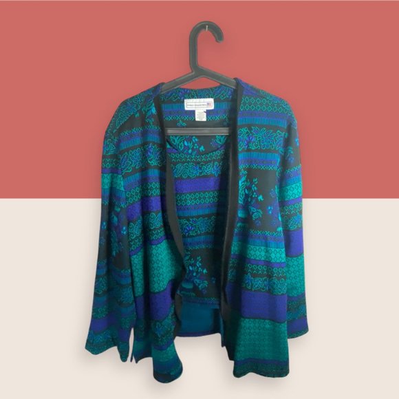 🦚 VTG PABLO COLLECTION CARDIGAN SWEATER BUILT IN TANK TEAL PURPLE 3X PETITE - Picture 1 of 5
